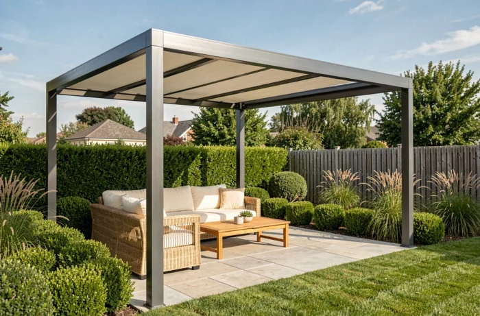 Pergola aluminium 4x3 anthracite moderne installée dans un jardin paysager avec salon de jardin en rotin et gazon verdoyant