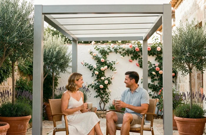 Couple se détendant sous une pergola aluminium moderne dans un jardin méditerranéen avec oliviers et lavande en pot