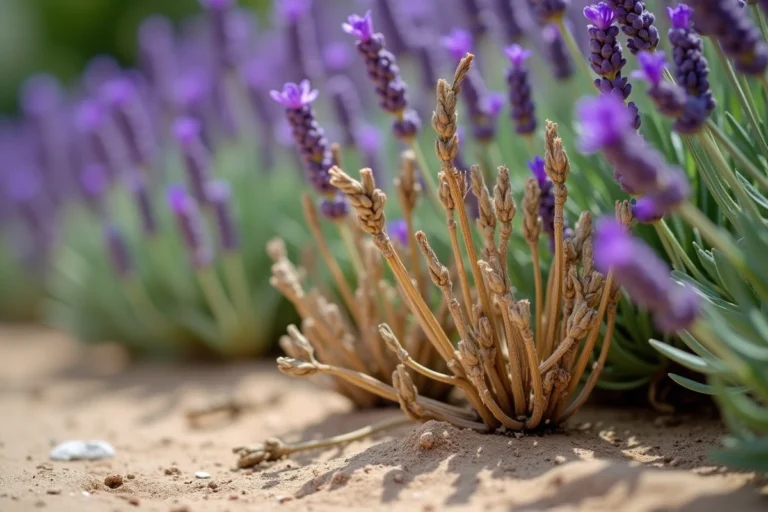 Pied de lavande desséché avec tiges brunes et feuilles flétries dans un jardin sec, contrastant avec une lavande saine en fleurs