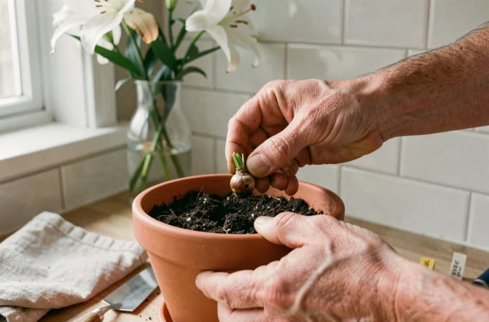 Mains plantant une écaille de bulbe de lys dans un pot en terre cuite avec un bouquet de lys en arrière-plan flou