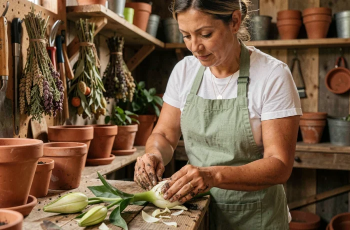 Femme séparant les écailles d'un bulbe de lys sur un établi de jardinage en bois pour une bouture à partir de bouquet