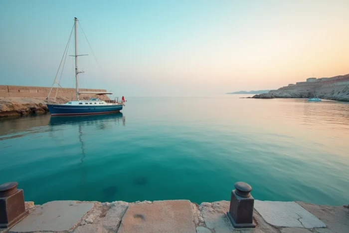 Port méditerranéen paisible au crépuscule avec un voilier amarré, atmosphère mélancolique évoquant les derniers moments de Joe Dassin à Tahiti