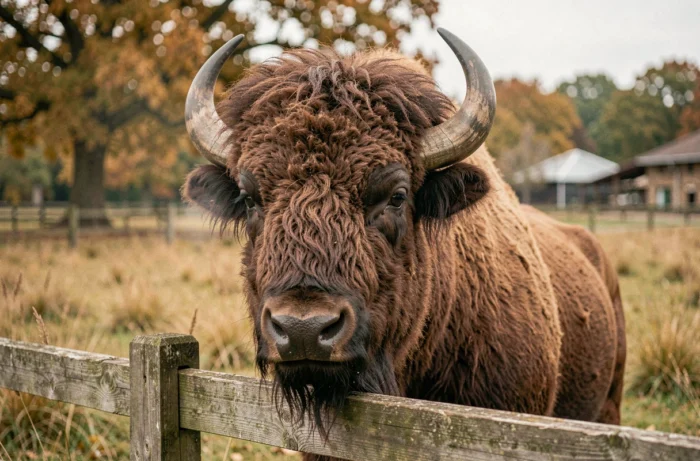 Retrato em close de um bisão europeu com pelagem espessa em um parque animal francês cercado por vegetação de outono