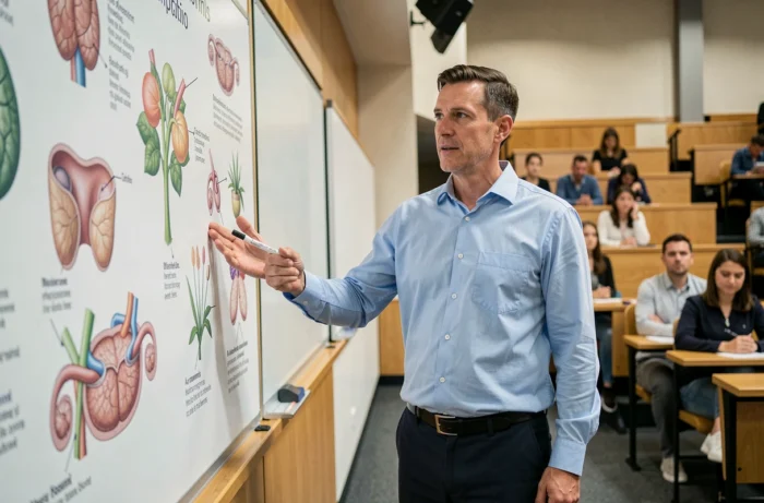 Professeur de biologie expliquant des schémas scientifiques dans un amphithéâtre universitaire