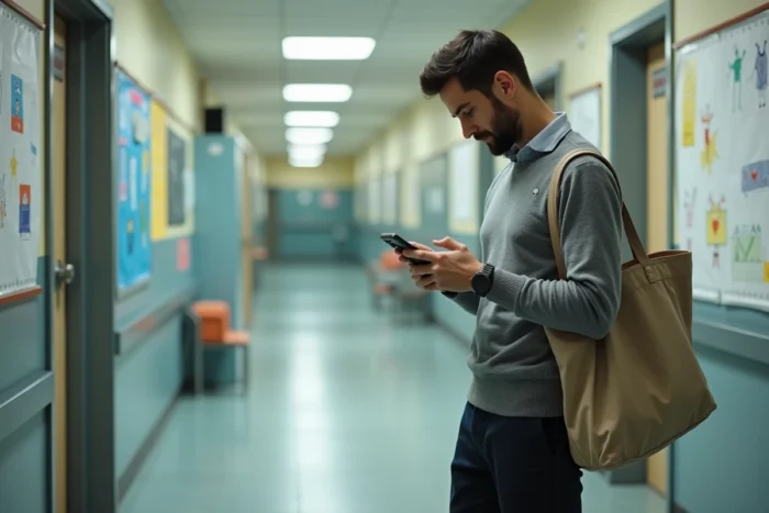 Professeur consultant son téléphone dans un couloir scolaire en lien avec le calendrier du pacte enseignant