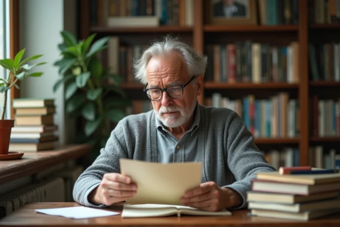 Professeur lisant un message émouvant pour son départ à la retraite dans son bureau scolaire