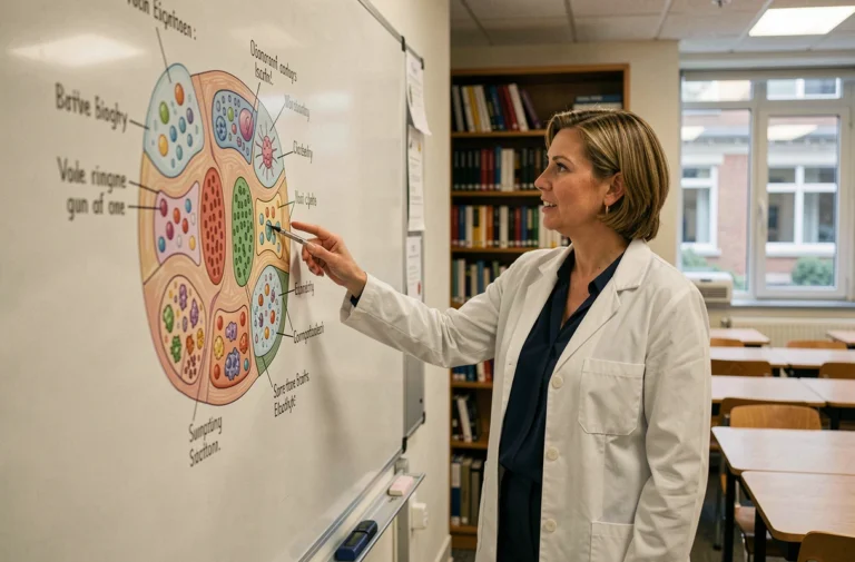 Professeure de biologie expliquant les mécanismes de la méiose devant un schéma anatomique en salle de cours universitaire