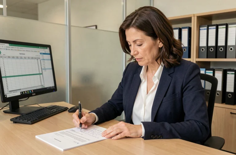 Professionnelle immobilière en train de remplir un formulaire pré état daté à son bureau dans une agence moderne