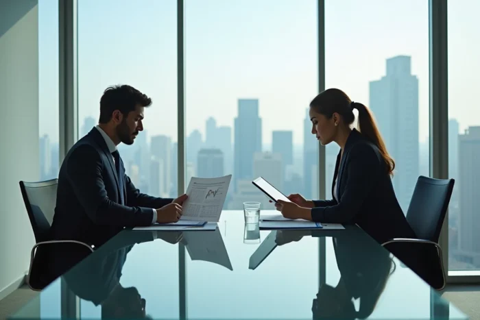 Deux professionnels examinant des rapports financiers et un tableau de bord de portefeuille boursier en salle de réunion avec vue sur la ville