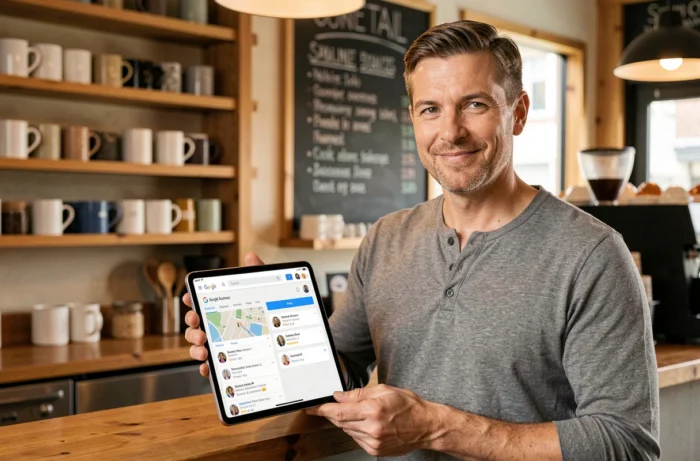 Propriétaire de café consultant son profil Google Business sur une tablette pour améliorer sa visibilité locale