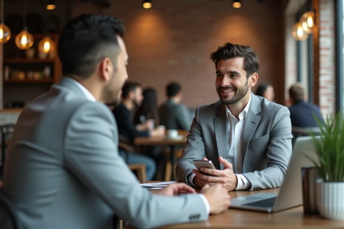 Homme d'affaires en réunion informelle dans un café urbain pour prospecter et établir un contact professionnel efficace