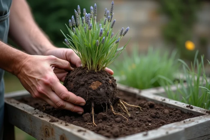 Mains de jardinier inspectant les racines pourries d'un pied de lavande déterré, posé sur un établi en bois dans un jardin de campagne