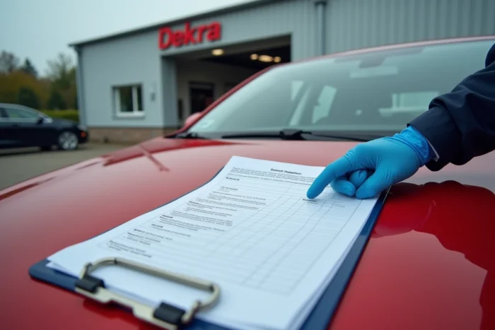 Rapport de contrôle technique Dekra posé sur un véhicule avec vérification des tarifs par un technicien