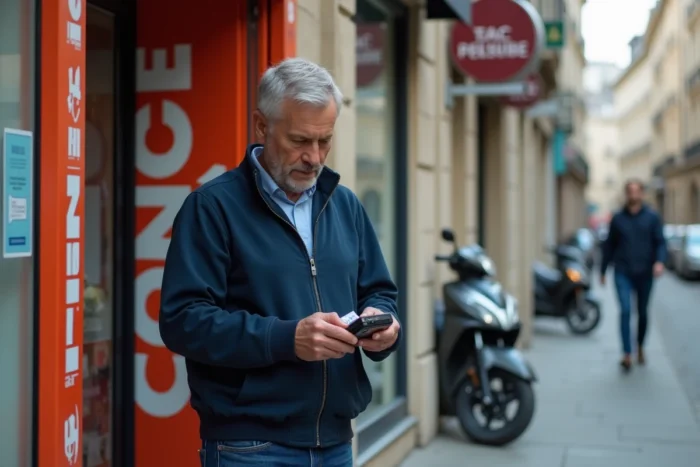 Homme rechargeant un forfait Réglo Mobile avec une carte de recharge dans un tabac en ville