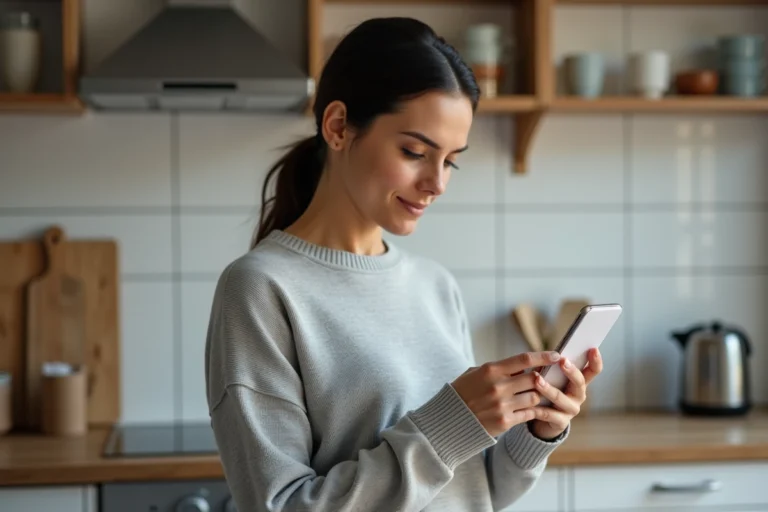 Femme rechargeant son forfait Réglo Mobile depuis son smartphone dans une cuisine moderne
