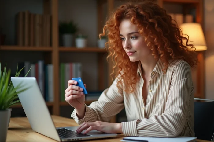 Jeune femme rechargeant son forfait Réglo Mobile en ligne par carte bancaire sur son ordinateur