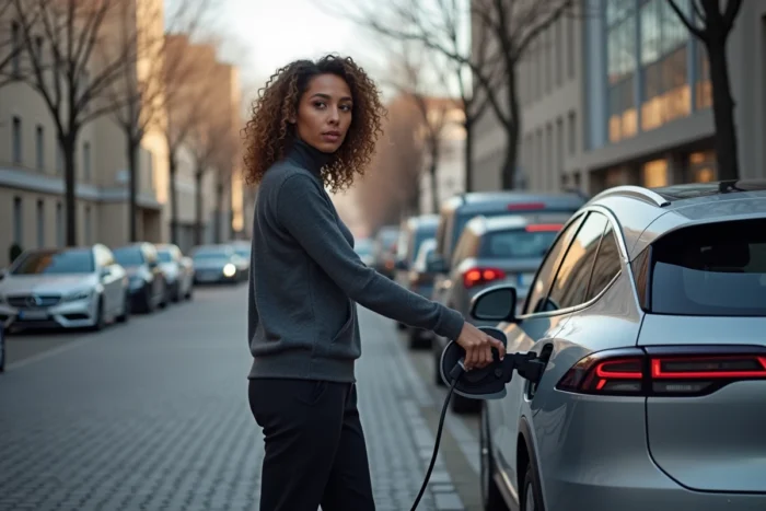 Femme branchant un câble de recharge sur un SUV électrique dans une rue urbaine européenne