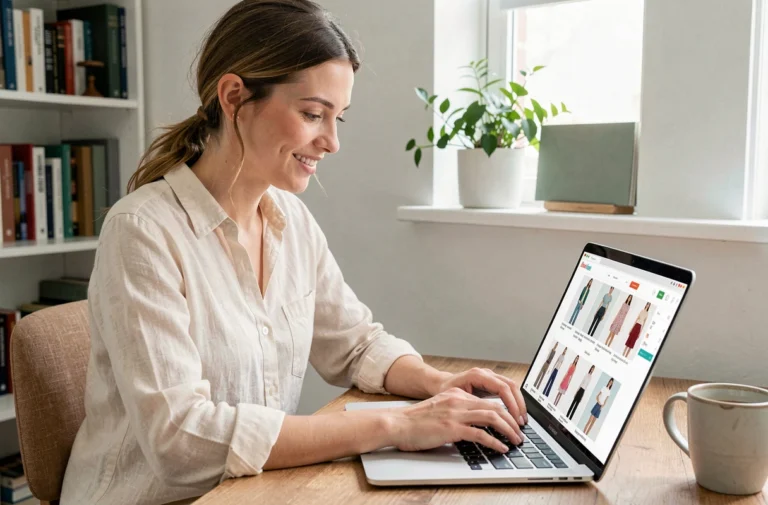 Jeune femme recherchant des articles de mode sur un site de tendances depuis son bureau en bois avec un ordinateur portable