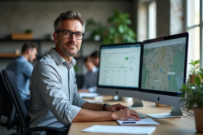 Homme recherchant l'historique d'une parcelle cadastrale sur le site officiel cadastre.gouv.fr depuis un bureau professionnel