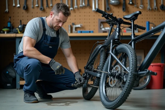 Mécanicien inspectant le moteur et le dérailleur d'un VTT électrique Rockrider E-ST 100 dans un atelier de réparation vélo