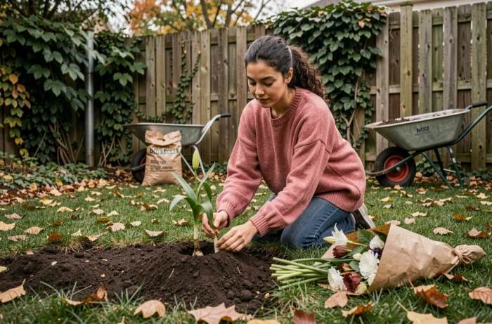 Jeune femme plantant un bulbe de lys dans un jardin en automne à partir d'un bouquet de fleuriste avec du papier kraft au sol