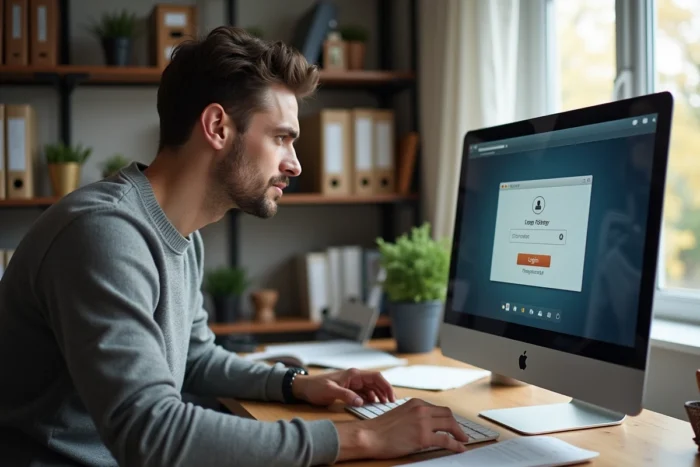 Homme résolvant un blocage de connexion sur un portail extranet professionnel depuis son bureau à domicile