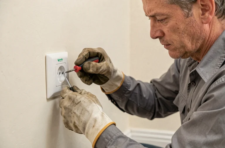 Électricien retirant les fils d'une prise Schneider avec un tournevis plat et des gants isolants