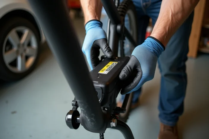 Gros plan sur le retrait de la batterie d'un VTT électrique Rockrider E-ST 100 dans un garage pour maintenance