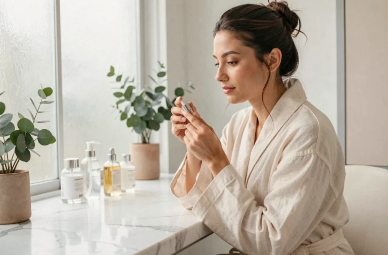 Femme appliquant un sérum sur sa peau dans une salle de bain minimaliste, routine beauté quotidienne tendance