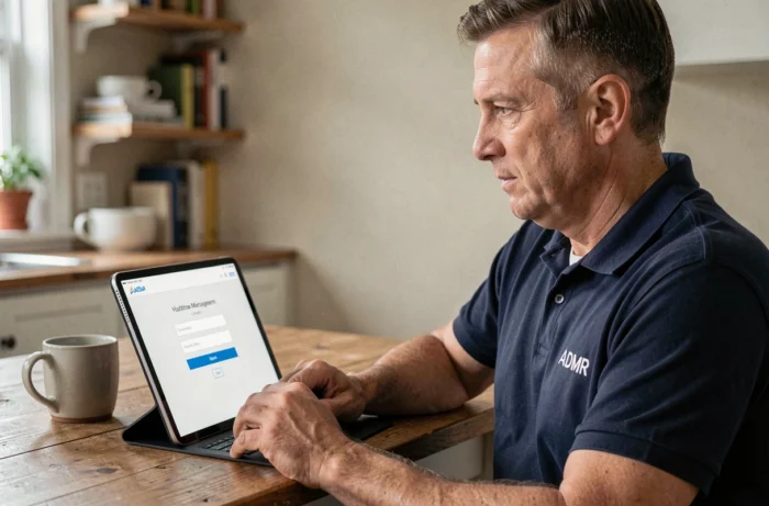 Salarié ADMR à domicile se connectant à l'application Philia sur une tablette pour préparer ses interventions