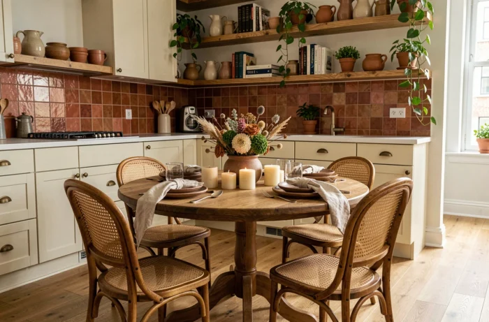 Table de salle à manger en chêne massif avec vaisselle en grès artisanale et décoration tendance warm maximalism