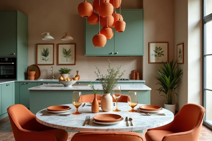 Salle à manger originale avec table en marbre, carrelage zellige et décoration murale botanique