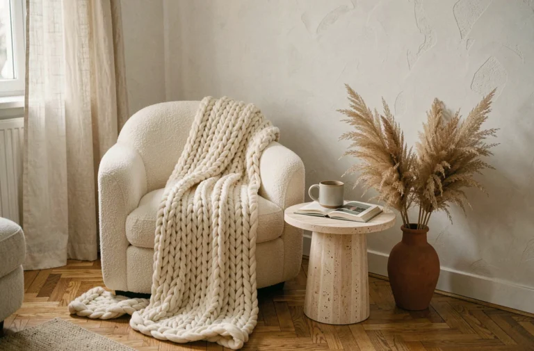 Coin salon cosy avec fauteuil boucle crème, plaid tricoté et vase en terre cuite tendance déco cocon