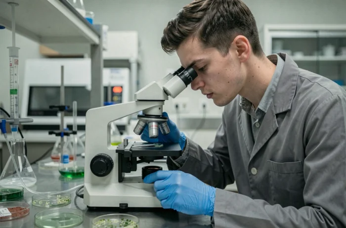 Scientifique observant des cellules végétales en division au microscope optique dans un laboratoire de biologie