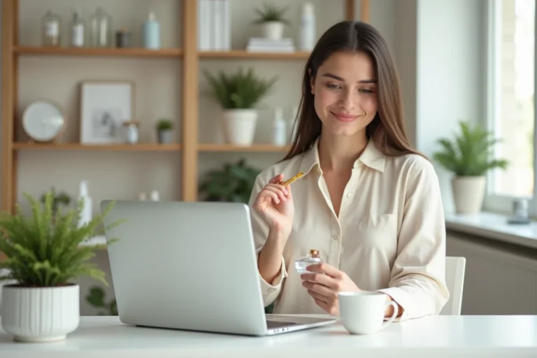 Jeune femme qui fait du shopping beauté en ligne depuis son bureau à domicile avec des produits de soin posés autour d'elle