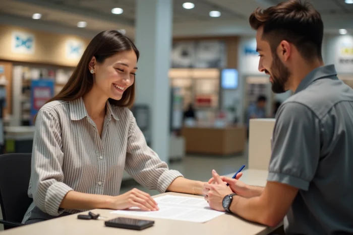 Femme signant un contrat de location de camionnette au comptoir de service d'un magasin de meubles