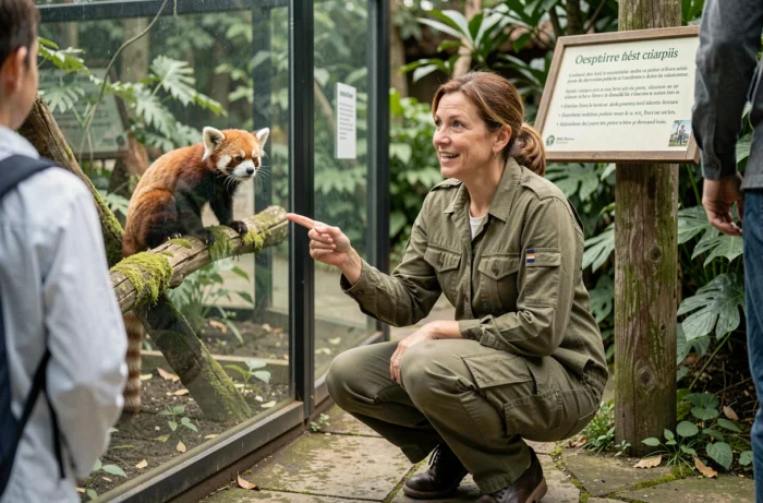 Soigneuse de zoo en uniforme vert pointant un panda roux dans son enclos naturel lors d'une visite guidée dans un zoo français