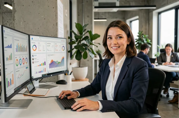 Professionnelle du marketing digital analysant des tableaux de bord analytics sur ordinateur dans un bureau moderne