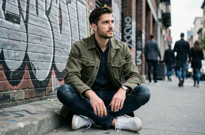 Homme tendance assis sur un escalier urbain portant un chore coat olive et des sneakers blanches dans un environnement de rue authentique