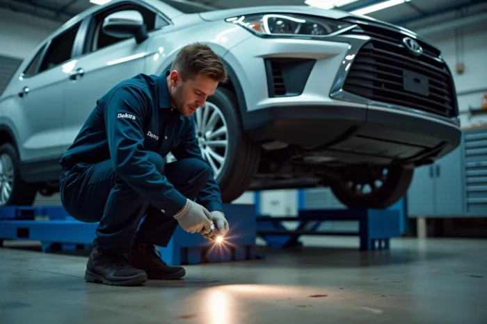 Technicien Dekra en uniforme effectuant un contrôle technique sous un véhicule surélevé dans un garage professionnel