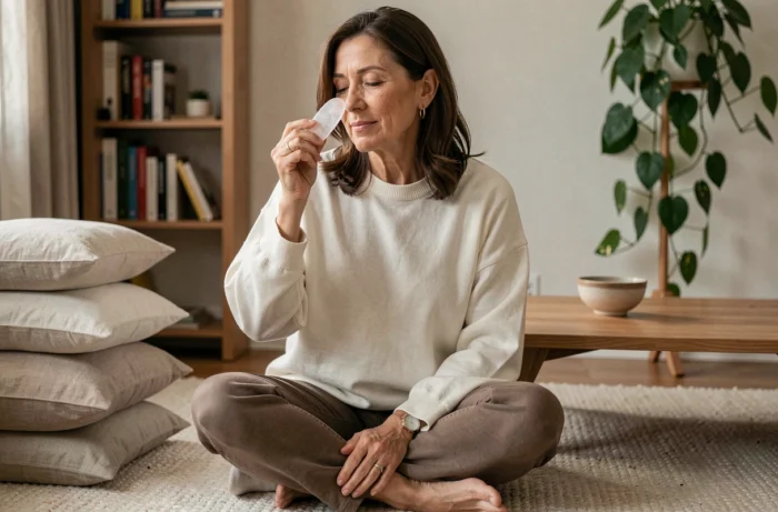 Femme pratiquant un massage facial au gua sha dans un intérieur cosy, tendance beauté bien-être