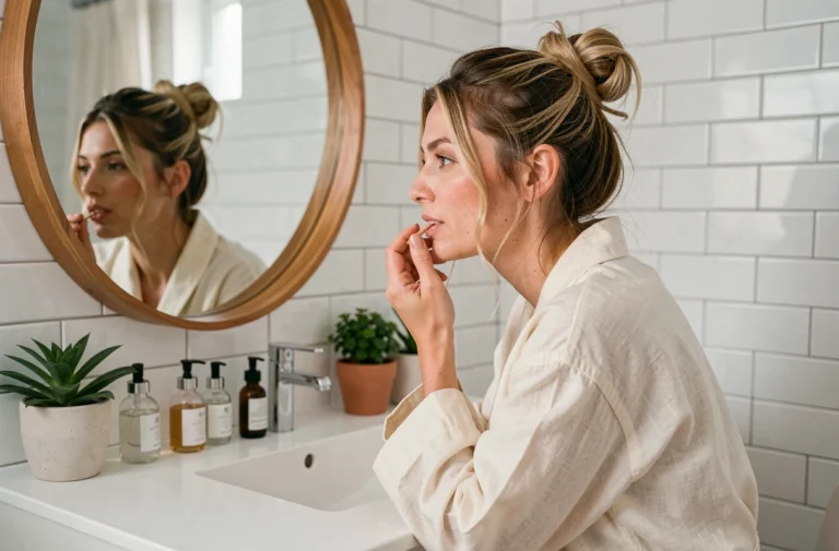 Femme appliquant un soin lèvres devant un miroir dans une salle de bain minimaliste style scandinave