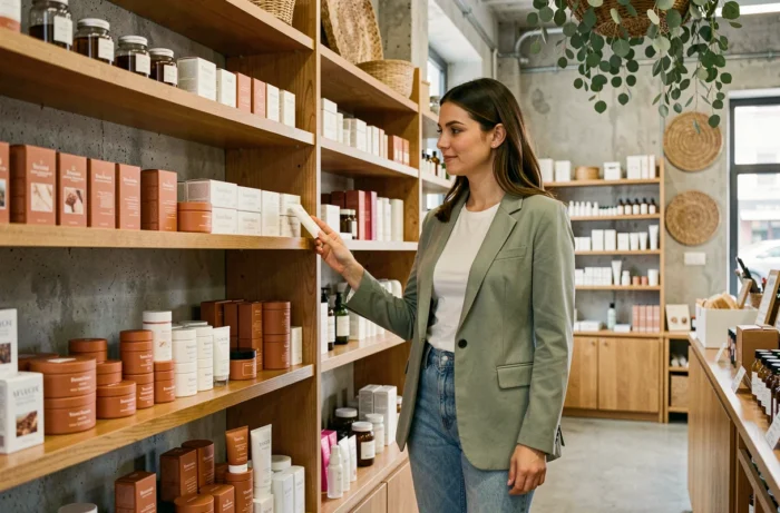 Femme explorant des produits de beauté naturels dans une boutique de soins tendance au design contemporain