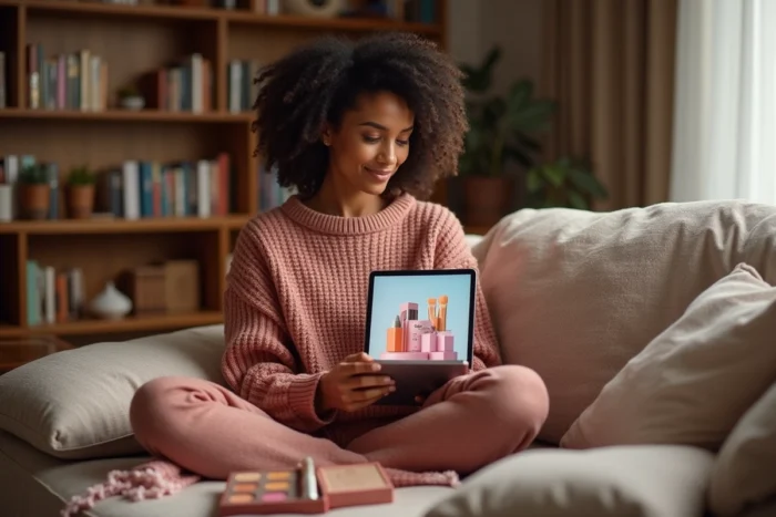 Femme aux cheveux bouclés naturels découvrant des tendances beauté sur une tablette entourée de produits cosmétiques déballés sur son canapé