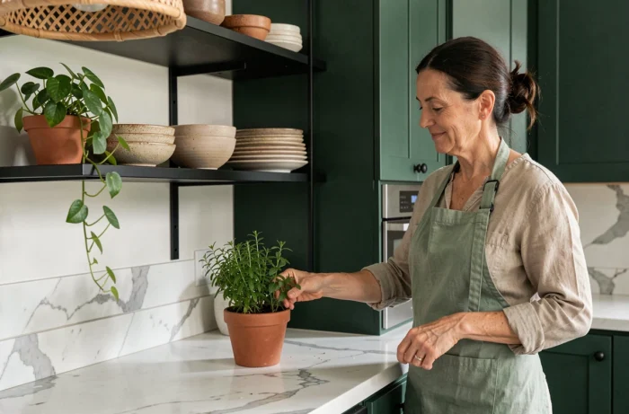 Cuisine moderne tendance avec étagères en acier noir, plan de travail en marbre blanc et femme arrangeant des herbes fraîches