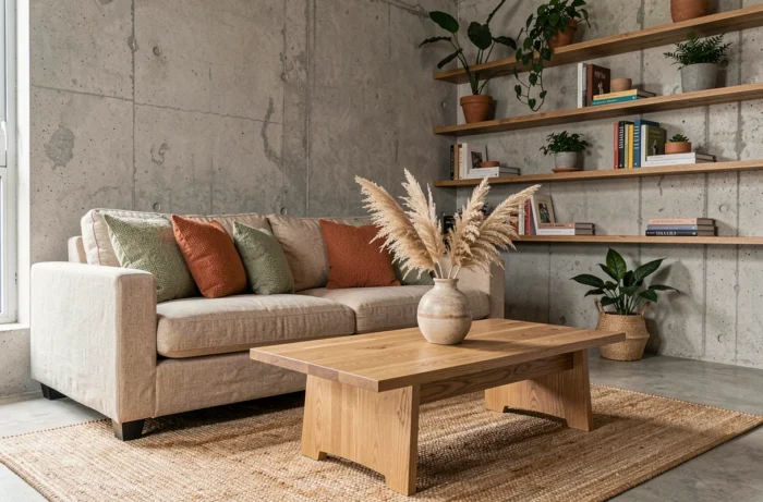 Salon moderne décoré selon les tendances maison avec canapé en lin beige, coussins en terre cuite et vert sauge, table en chêne et plantes séchées