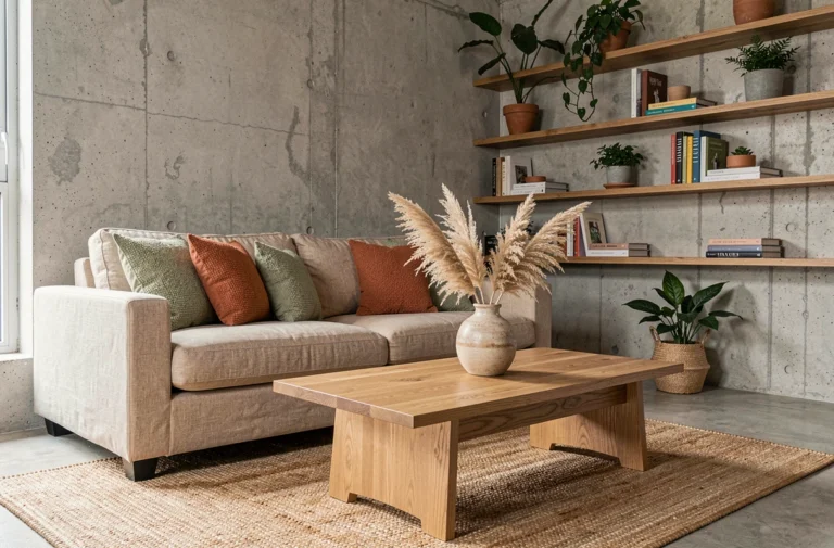 Salon moderne décoré selon les tendances maison avec canapé en lin beige, coussins en terre cuite et vert sauge, table en chêne et plantes séchées