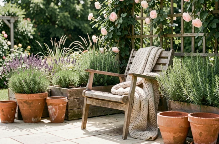 Terrasse jardin tendance avec fauteuil en bois, plantes aromatiques en pots en terre cuite et treillis de roses grimpantes