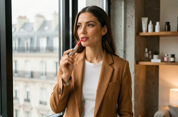 Jeune femme tendance avec maquillage naturel et gloss dans un appartement parisien moderne, tendances beauté 2024