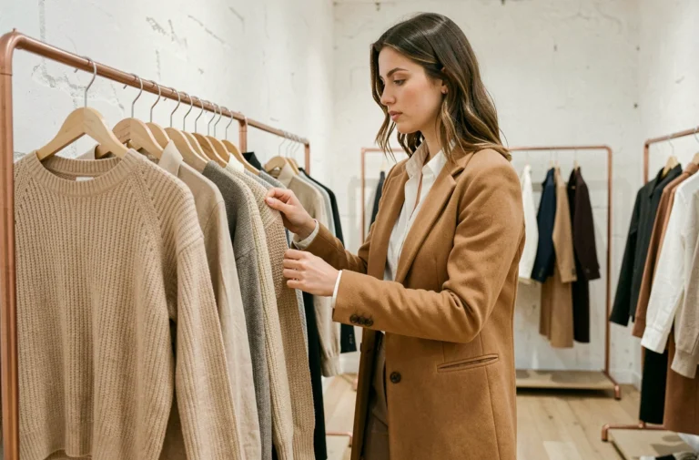 Jeune femme élégante explorant des tendances mode dans une boutique parisienne minimaliste, portant un manteau camel et un pantalon droit